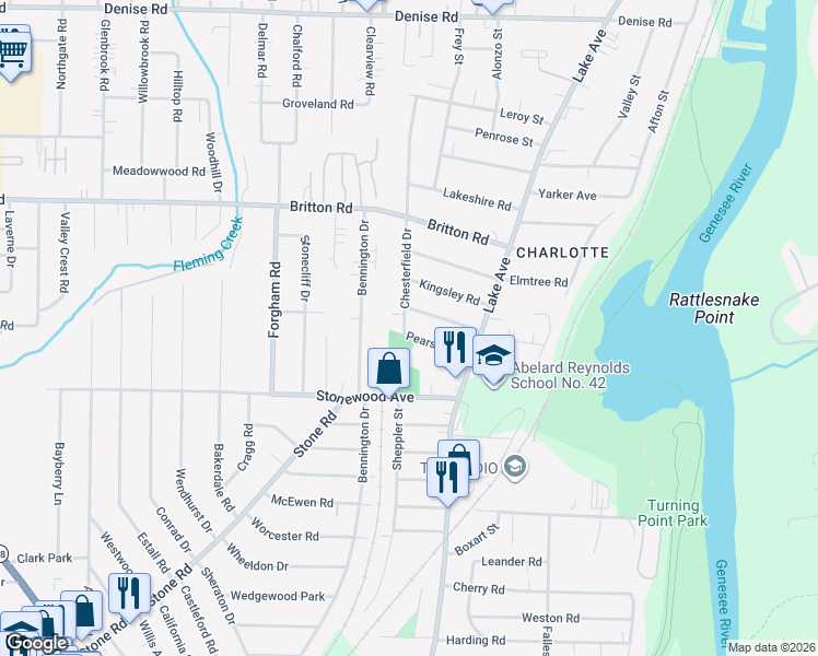 map of restaurants, bars, coffee shops, grocery stores, and more near 10 Chesterfield Drive in Rochester