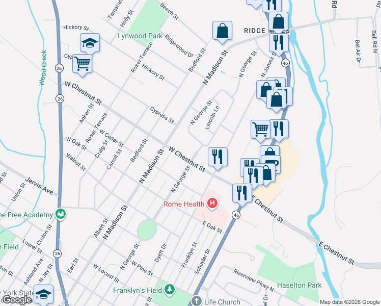 map of restaurants, bars, coffee shops, grocery stores, and more near 1707 North George Street in Rome