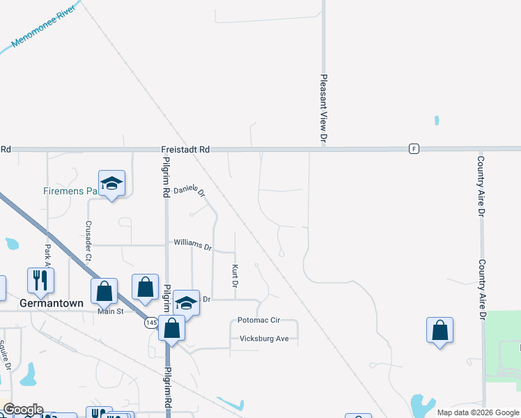 map of restaurants, bars, coffee shops, grocery stores, and more near W153N11788 Kurt Drive in Germantown