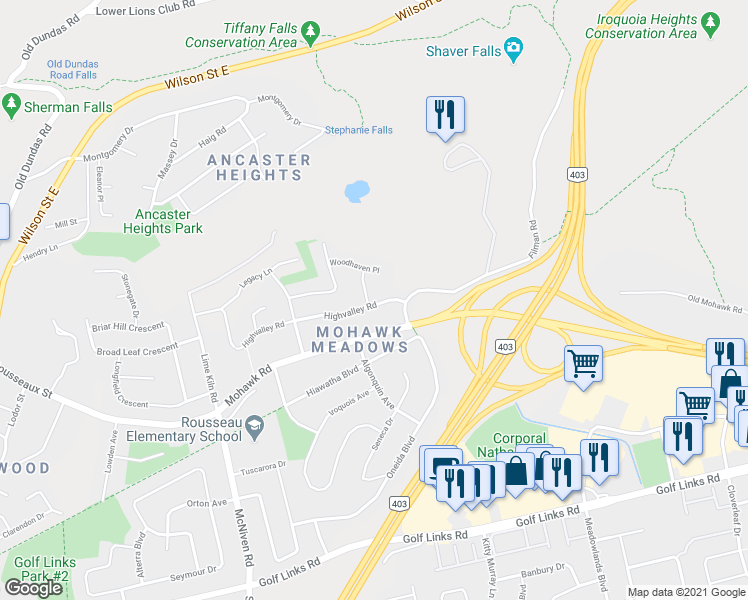 map of restaurants, bars, coffee shops, grocery stores, and more near 703 Highvalley Road in Hamilton