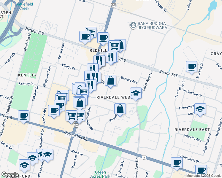 map of restaurants, bars, coffee shops, grocery stores, and more near 40 Grandville Avenue in Hamilton