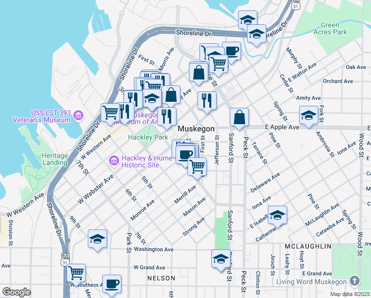 map of restaurants, bars, coffee shops, grocery stores, and more near 220 Houston Avenue in Muskegon