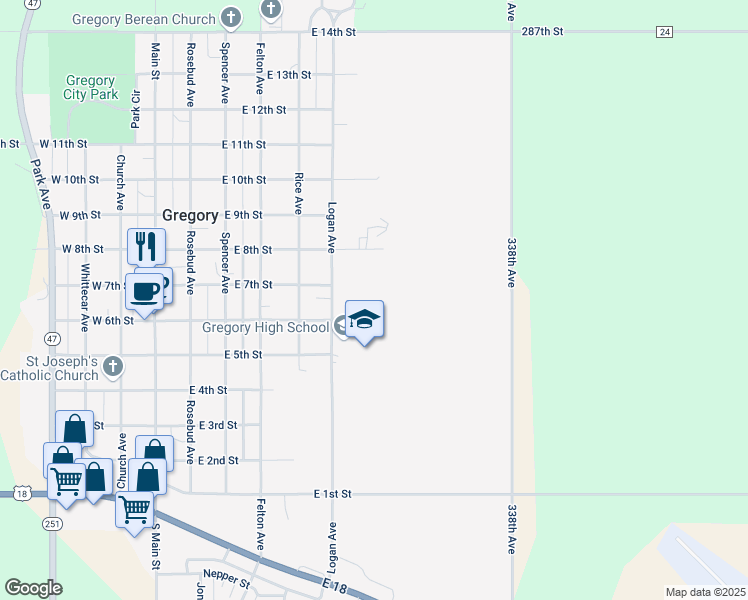 map of restaurants, bars, coffee shops, grocery stores, and more near 628 East 6th Street in Gregory