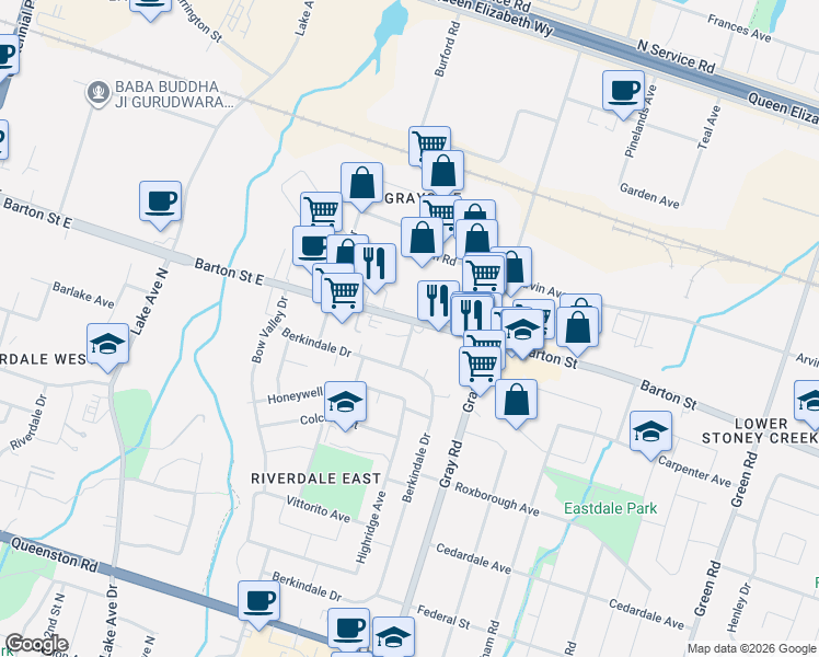 map of restaurants, bars, coffee shops, grocery stores, and more near in Hamilton
