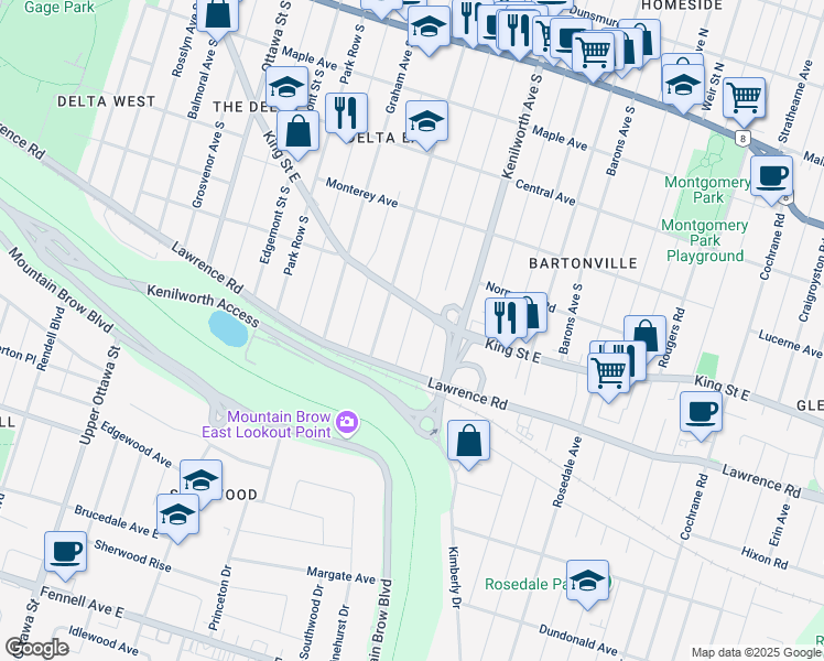 map of restaurants, bars, coffee shops, grocery stores, and more near 275 Huxley Avenue South in Hamilton