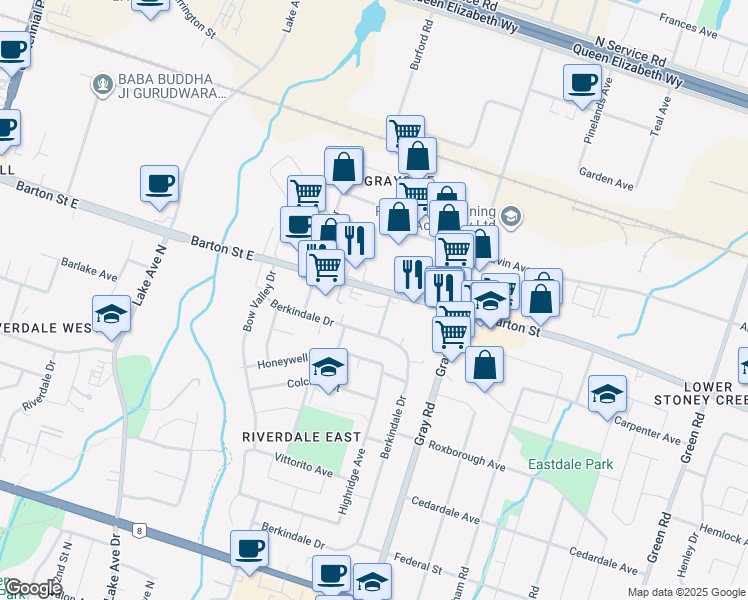 map of restaurants, bars, coffee shops, grocery stores, and more near 2782 Barton Street East in Hamilton