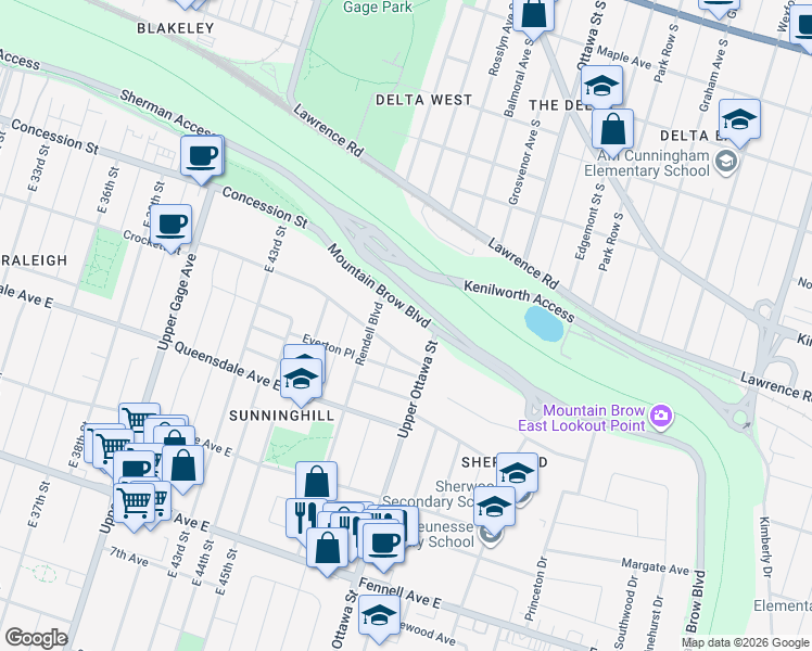 map of restaurants, bars, coffee shops, grocery stores, and more near 68 Mountain Brow Boulevard in Hamilton