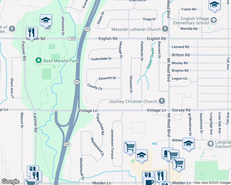 map of restaurants, bars, coffee shops, grocery stores, and more near 384 Courtly Circle in Rochester