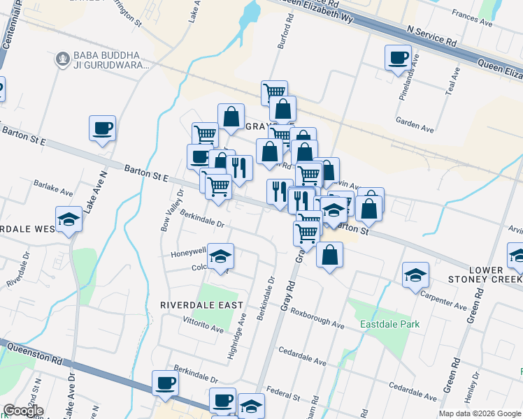 map of restaurants, bars, coffee shops, grocery stores, and more near in Hamilton