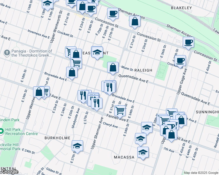 map of restaurants, bars, coffee shops, grocery stores, and more near 506 Upper Sherman Avenue in Hamilton