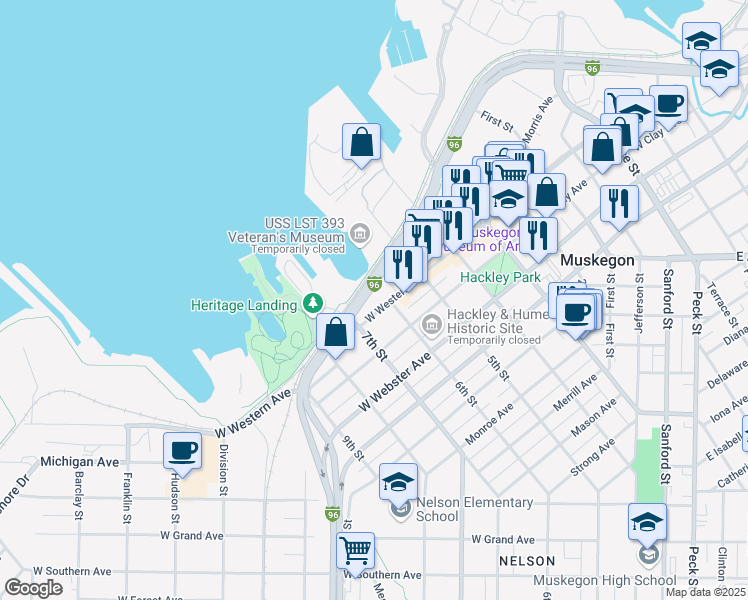map of restaurants, bars, coffee shops, grocery stores, and more near 610 West Western Avenue in Muskegon