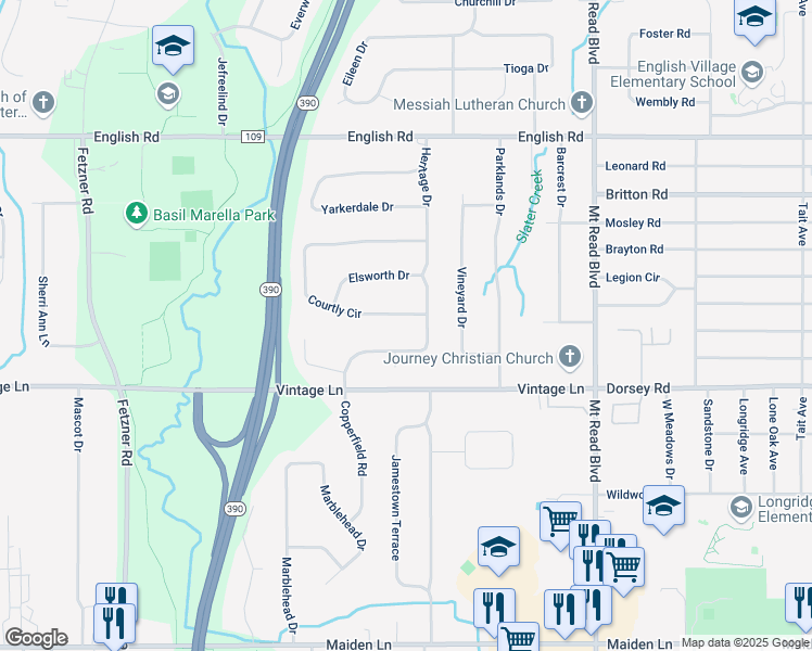 map of restaurants, bars, coffee shops, grocery stores, and more near 384 Courtly Circle in Rochester