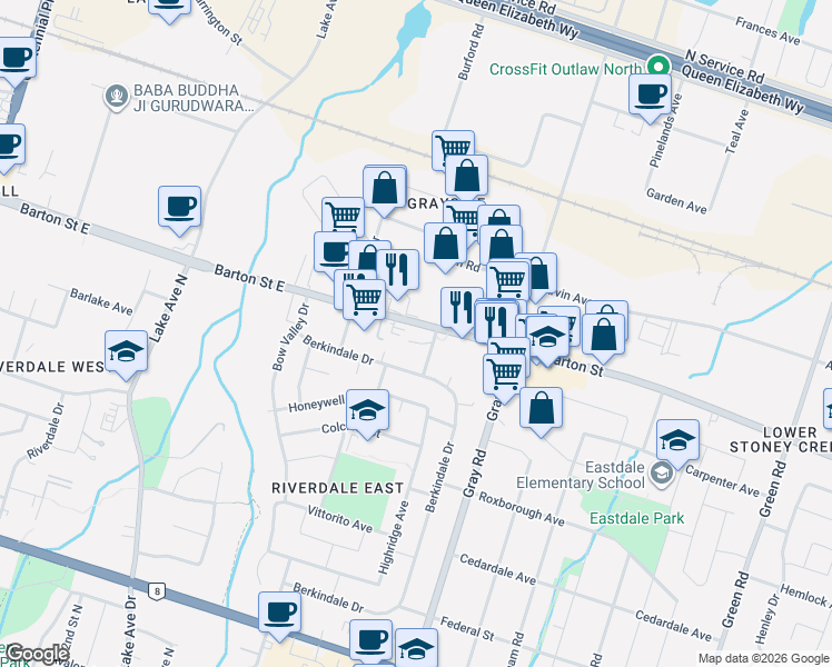 map of restaurants, bars, coffee shops, grocery stores, and more near 2782 Barton Street East in Hamilton