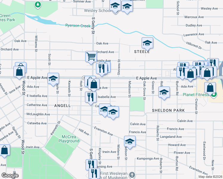 map of restaurants, bars, coffee shops, grocery stores, and more near 913 Ada Avenue in Muskegon