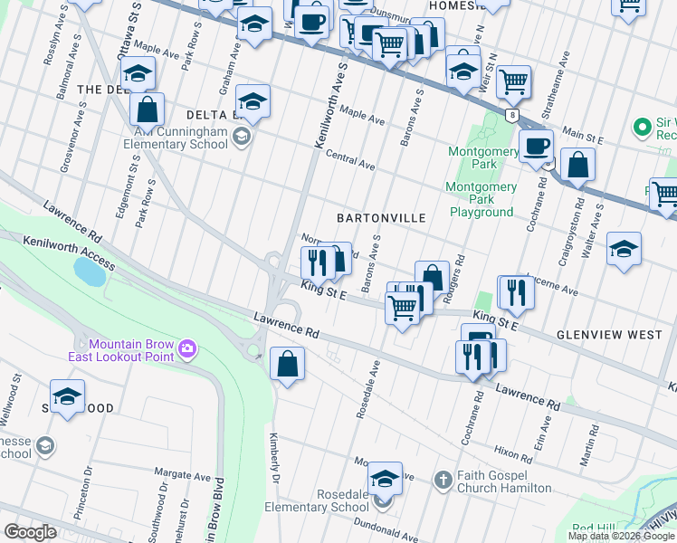 map of restaurants, bars, coffee shops, grocery stores, and more near 130 Cameron Avenue South in Hamilton