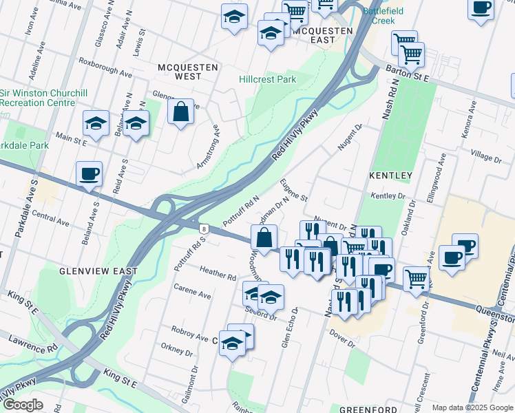 map of restaurants, bars, coffee shops, grocery stores, and more near 74 Pottruff Road North in Hamilton