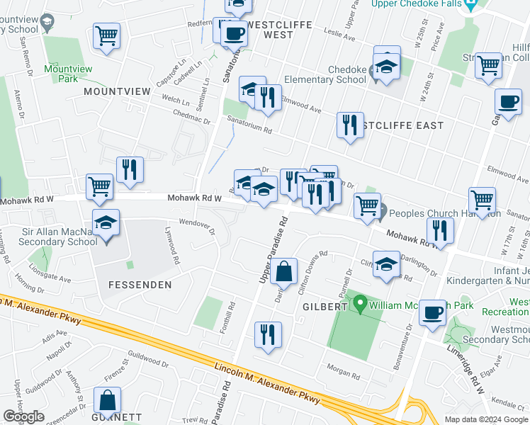 map of restaurants, bars, coffee shops, grocery stores, and more near 675 Mohawk Road West in Hamilton