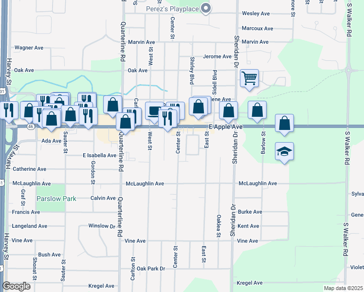 map of restaurants, bars, coffee shops, grocery stores, and more near 1070 Center Street in Muskegon