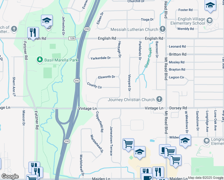 map of restaurants, bars, coffee shops, grocery stores, and more near 384 Courtly Circle in Rochester
