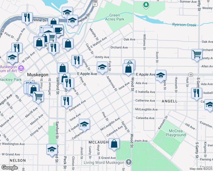 map of restaurants, bars, coffee shops, grocery stores, and more near 248 Delaware Avenue in Muskegon