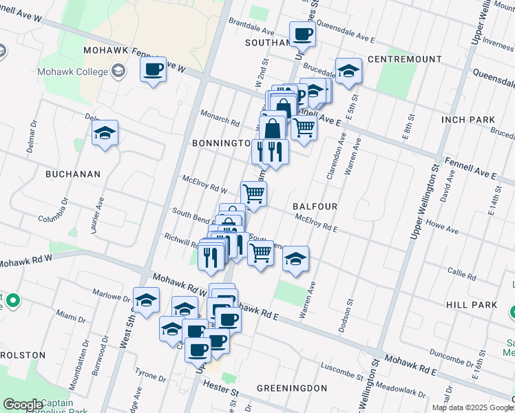 map of restaurants, bars, coffee shops, grocery stores, and more near 693 Upper James Street in Hamilton