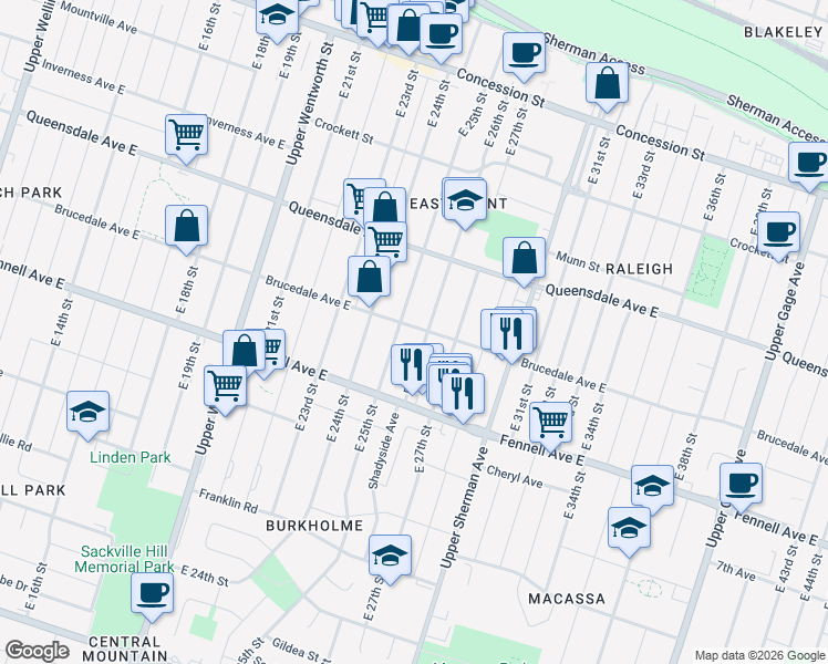 map of restaurants, bars, coffee shops, grocery stores, and more near 604 Brucedale Avenue East in Hamilton