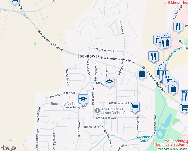 map of restaurants, bars, coffee shops, grocery stores, and more near 2144 Northwest Watters Street in Roseburg