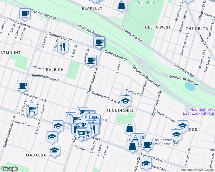 map of restaurants, bars, coffee shops, grocery stores, and more near 103 East 42nd Street in Hamilton