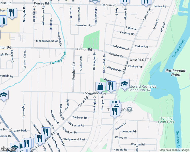 map of restaurants, bars, coffee shops, grocery stores, and more near 1004 Bennington Drive in Rochester