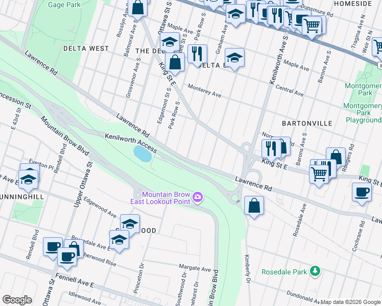 map of restaurants, bars, coffee shops, grocery stores, and more near 303 Graham Avenue South in Hamilton