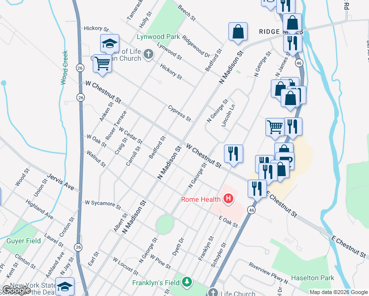 map of restaurants, bars, coffee shops, grocery stores, and more near 1609 North Madison Street in Rome