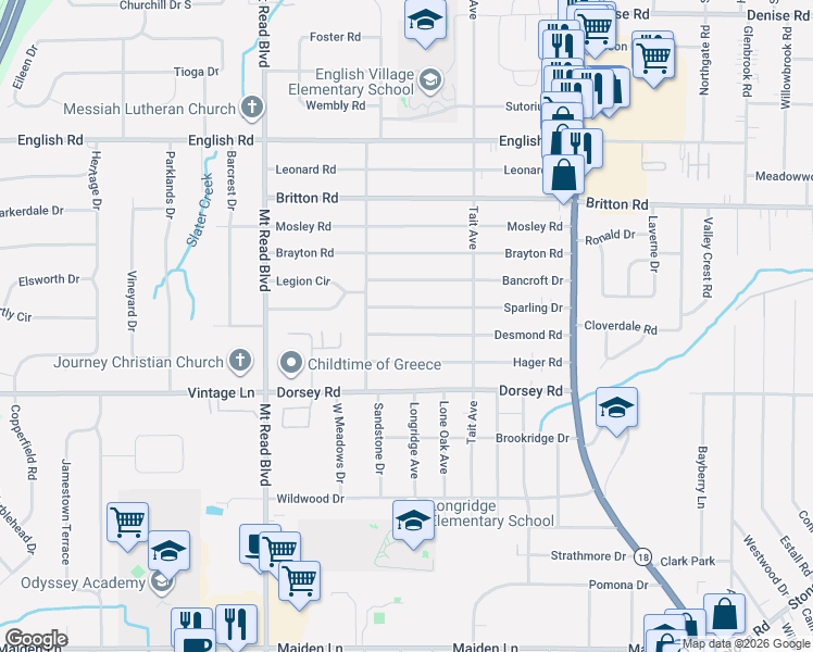 map of restaurants, bars, coffee shops, grocery stores, and more near 230 Desmond Road in Rochester