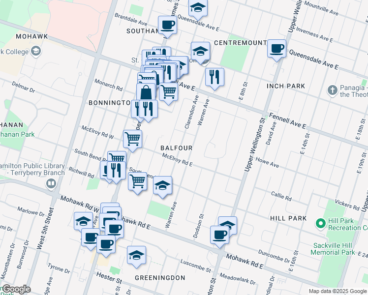 map of restaurants, bars, coffee shops, grocery stores, and more near 86 Warren Avenue in Hamilton