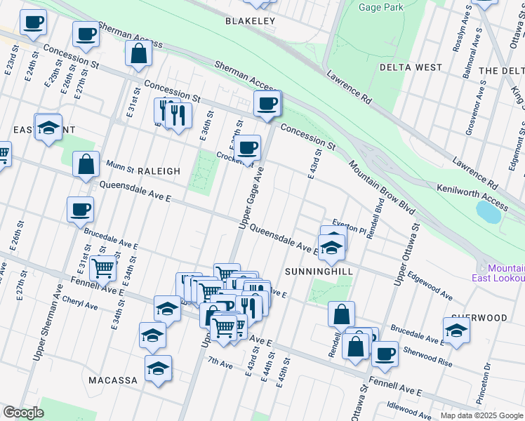 map of restaurants, bars, coffee shops, grocery stores, and more near 38 East 41st Street in Hamilton