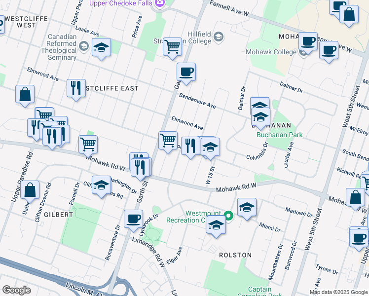 map of restaurants, bars, coffee shops, grocery stores, and more near West 18th Street in Hamilton