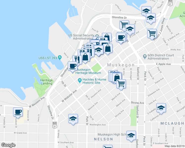map of restaurants, bars, coffee shops, grocery stores, and more near 1065 4th Street in Muskegon