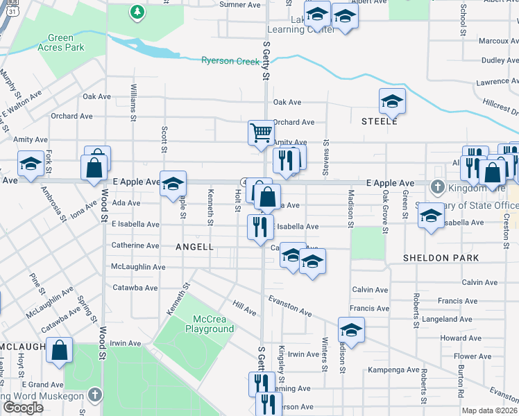 map of restaurants, bars, coffee shops, grocery stores, and more near 1061 South Getty Street in Muskegon