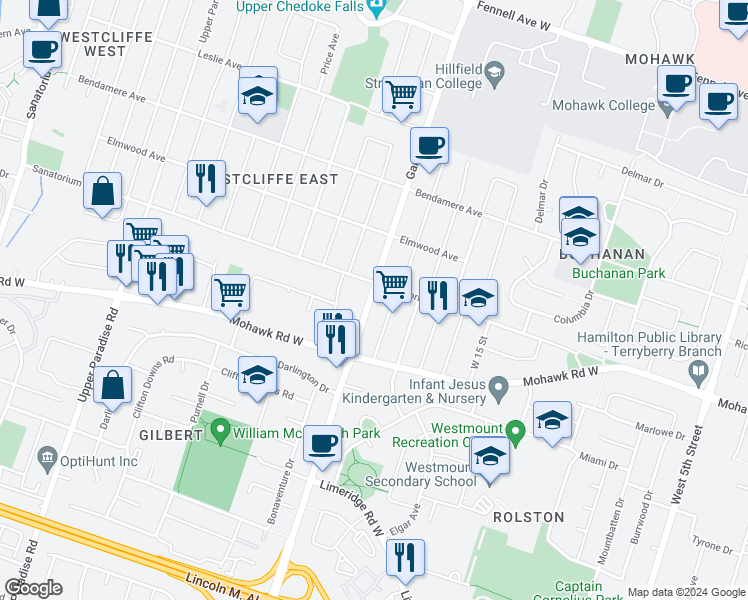 map of restaurants, bars, coffee shops, grocery stores, and more near 913 Garth Street in Hamilton