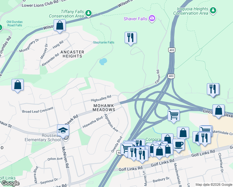 map of restaurants, bars, coffee shops, grocery stores, and more near 719 Highvalley Road in Hamilton