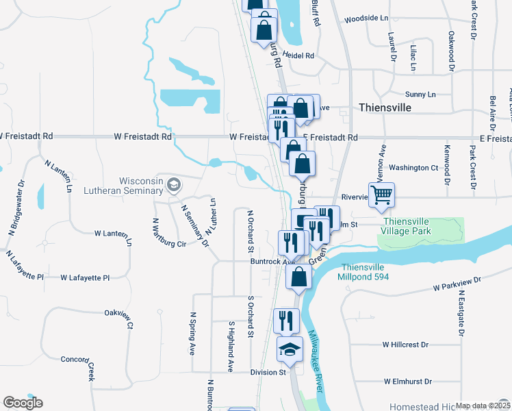 map of restaurants, bars, coffee shops, grocery stores, and more near 132 N Orchard St in Thiensville