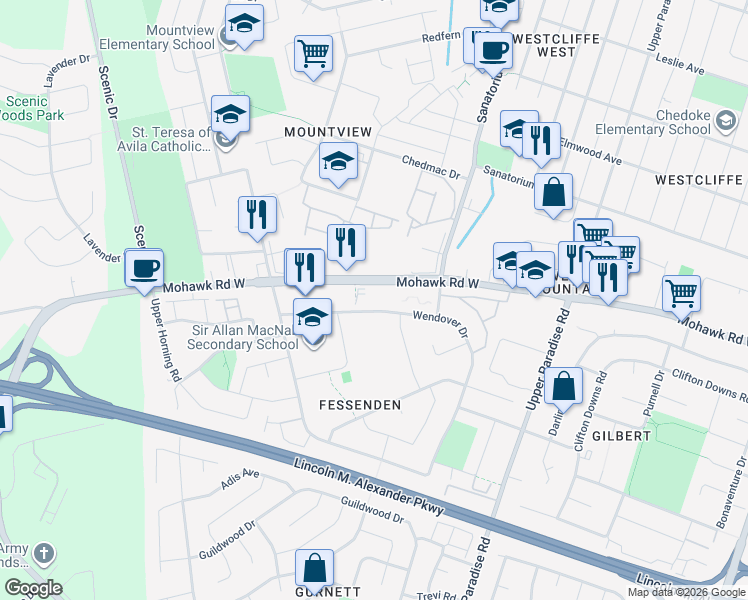 map of restaurants, bars, coffee shops, grocery stores, and more near 75 Wendover Drive in Hamilton