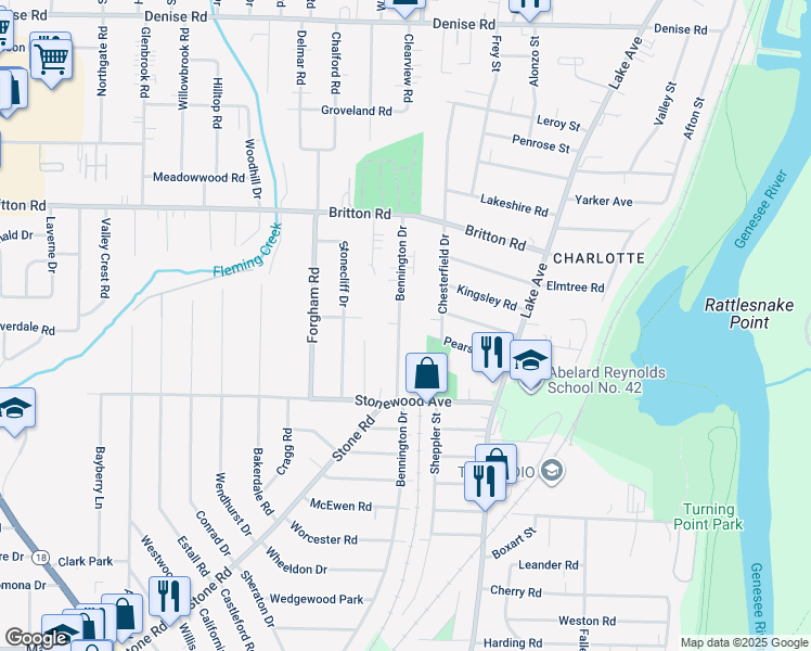 map of restaurants, bars, coffee shops, grocery stores, and more near 1004 Bennington Drive in Rochester