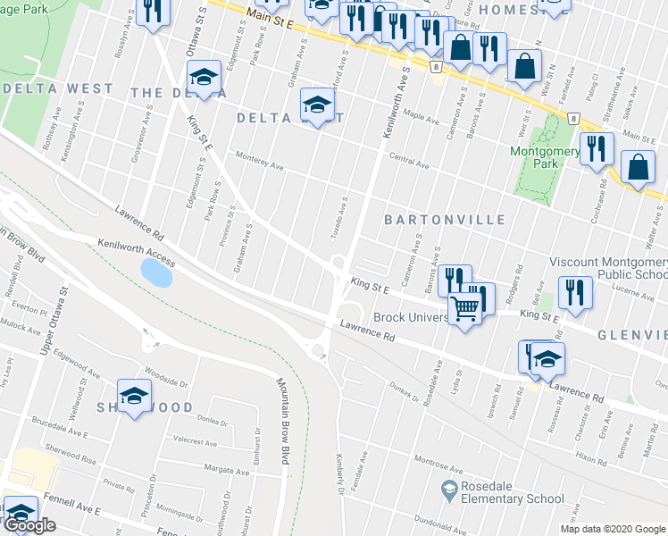 map of restaurants, bars, coffee shops, grocery stores, and more near 1734 King Street East in Hamilton