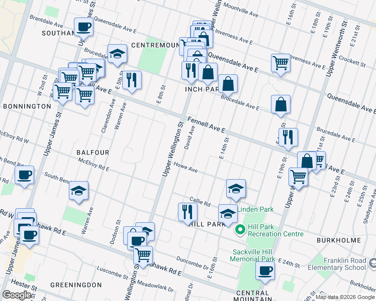 map of restaurants, bars, coffee shops, grocery stores, and more near 21 David Avenue in Hamilton