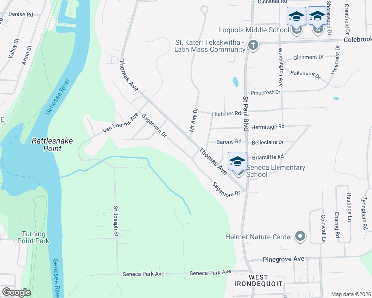 map of restaurants, bars, coffee shops, grocery stores, and more near 195 Thomas Avenue in Irondequoit