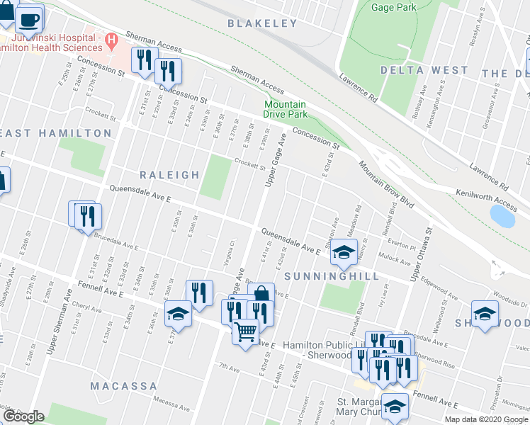 map of restaurants, bars, coffee shops, grocery stores, and more near 38 East 41st Street in Hamilton