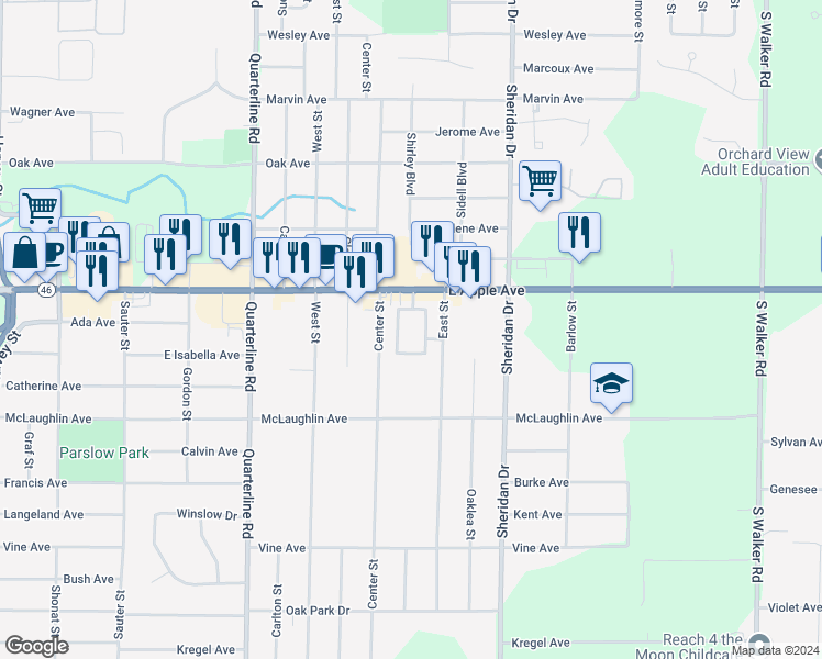 map of restaurants, bars, coffee shops, grocery stores, and more near 1070 Center Street in Muskegon