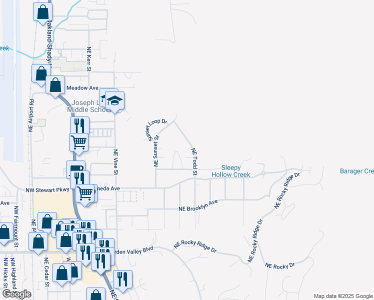map of restaurants, bars, coffee shops, grocery stores, and more near 1834 Northeast Todd Street in Roseburg