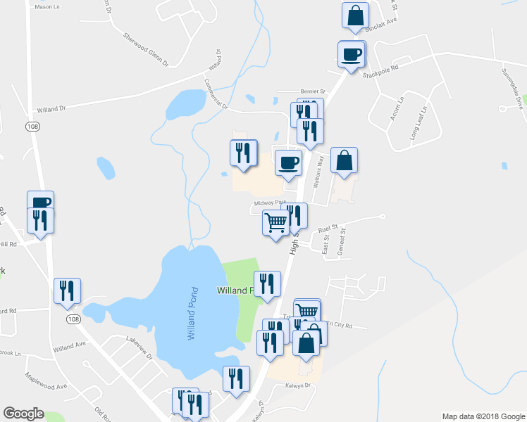map of restaurants, bars, coffee shops, grocery stores, and more near 25 Midway Park in Somersworth