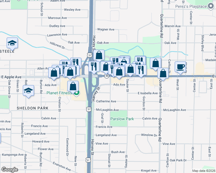 map of restaurants, bars, coffee shops, grocery stores, and more near 1051 Shonat Street in Muskegon